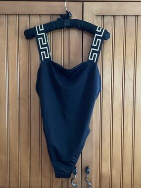 Versace Black One-Piece Swimsuit w/black & Gold Greco shoulder strap size 3.